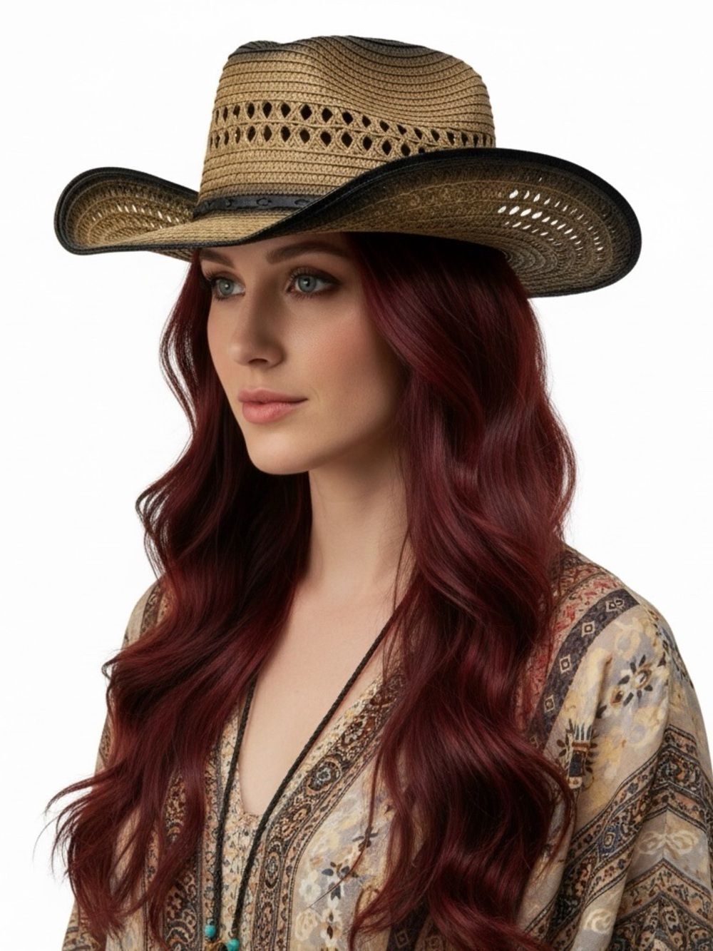 Brown Black Trim Straw Cowboy Hat Adjustable Brim Chin Strap Western Festival